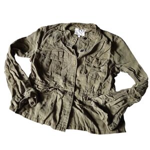 Lola Rae Jacket Army Green Pockets Drawstring Roll Tab Sleeve Women Large